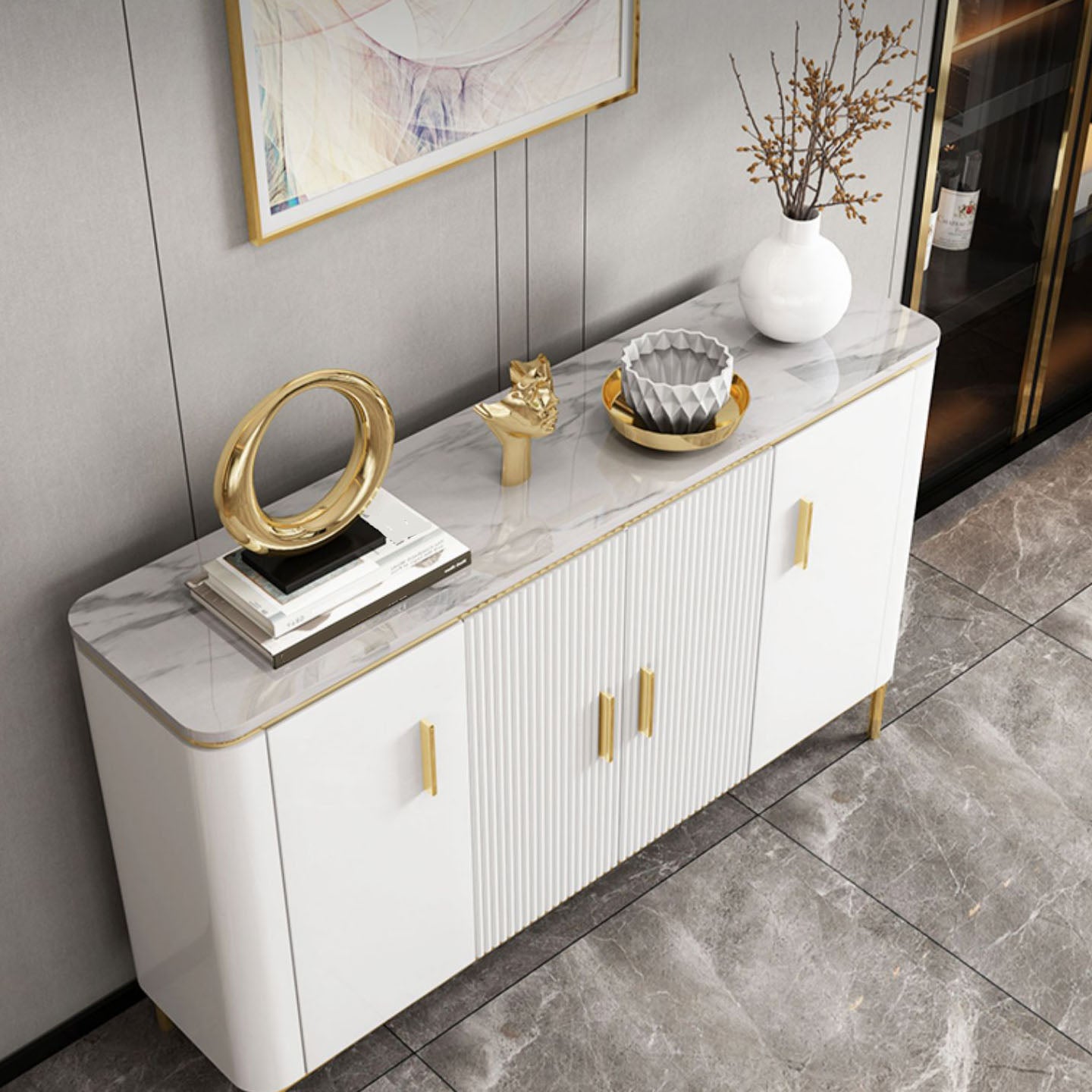 Stone and Engineered Wood Buffet Sideboard Glam Buffet Stand