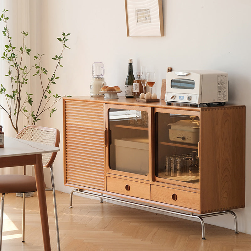 Glass Sliding Doors Sideboard Modern Pine Solid Wood Buffet with 2 Drawers