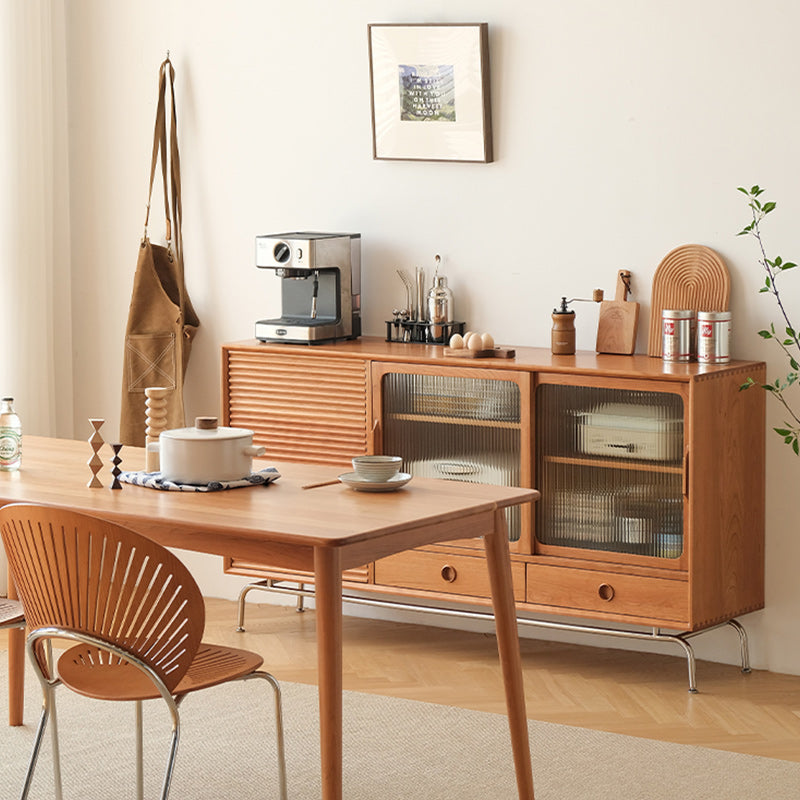 Glass Sliding Doors Sideboard Modern Pine Solid Wood Buffet with 2 Drawers