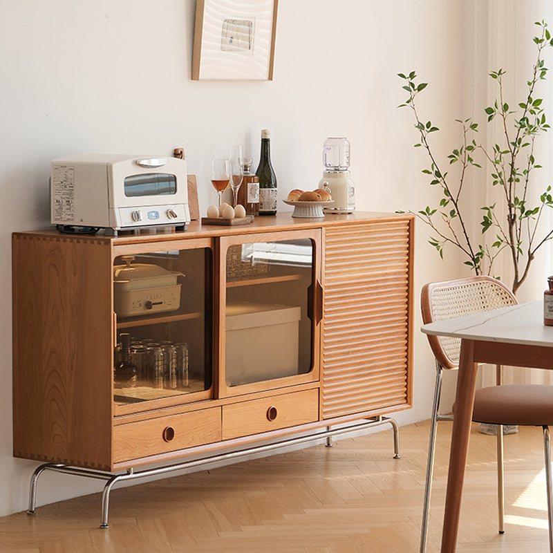 Glass Sliding Doors Sideboard Modern Pine Solid Wood Buffet with 2 Drawers