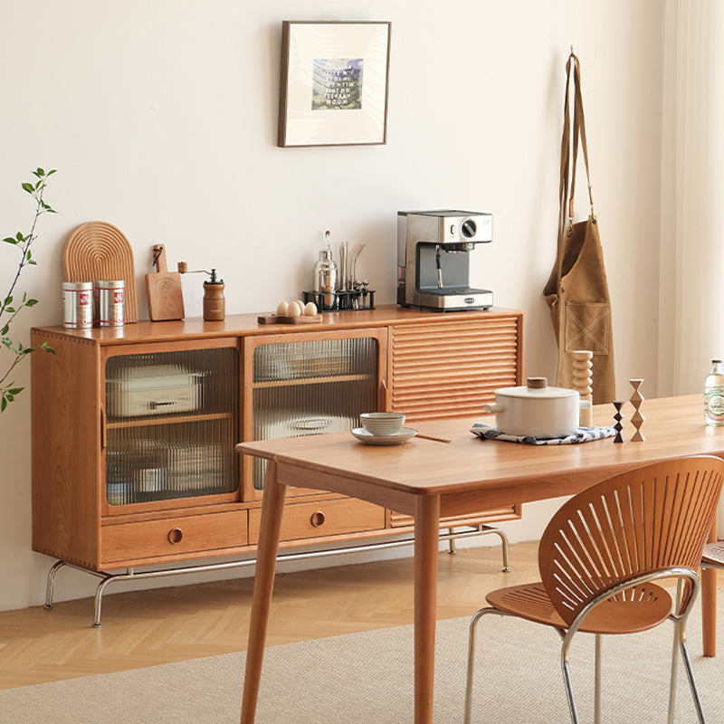 Glass Sliding Doors Sideboard Modern Pine Solid Wood Buffet with 2 Drawers