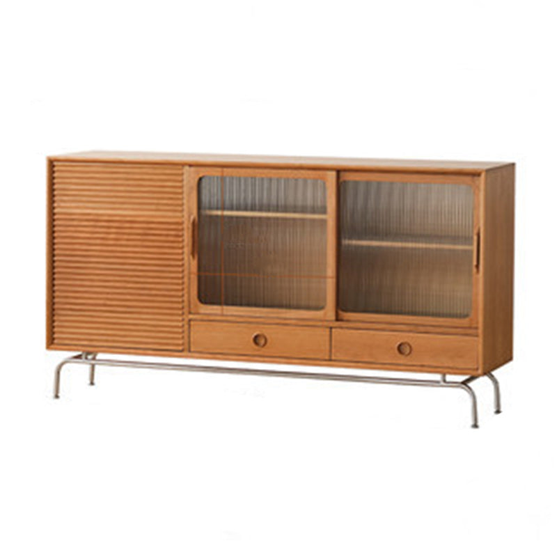 Glass Sliding Doors Sideboard Modern Pine Solid Wood Buffet with 2 Drawers