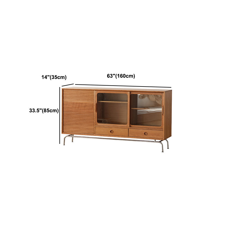 Glass Sliding Doors Sideboard Modern Pine Solid Wood Buffet with 2 Drawers