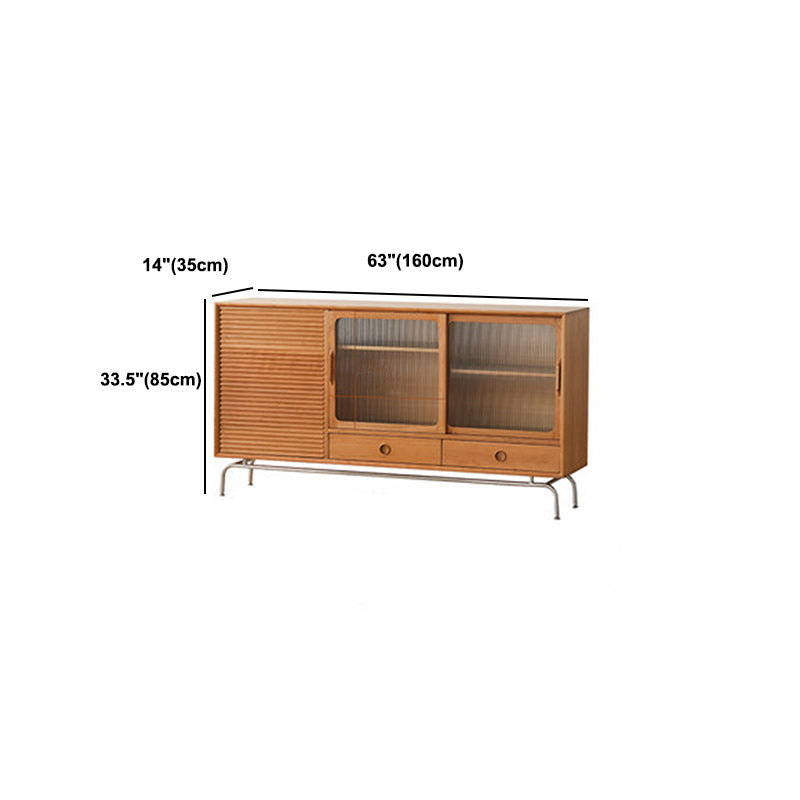 Glass Sliding Doors Sideboard Modern Pine Solid Wood Buffet with 2 Drawers