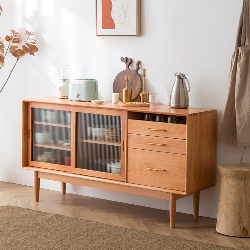 Contemporary Sideboard with Drawers Solid Wood Buffet Stand for Kitchen