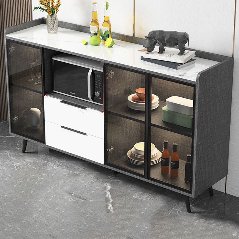 Modern Stone Top Sideboard Glass Doors Sideboard with 2-Drawers