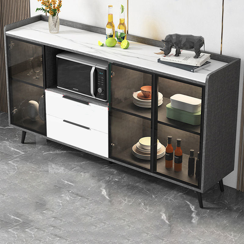 Modern Stone Top Sideboard Glass Doors Sideboard with 2-Drawers