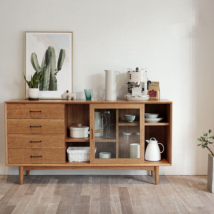 Solid Wood Sideboard with Sliding Doors Modern 4 Drawer Buffet Table