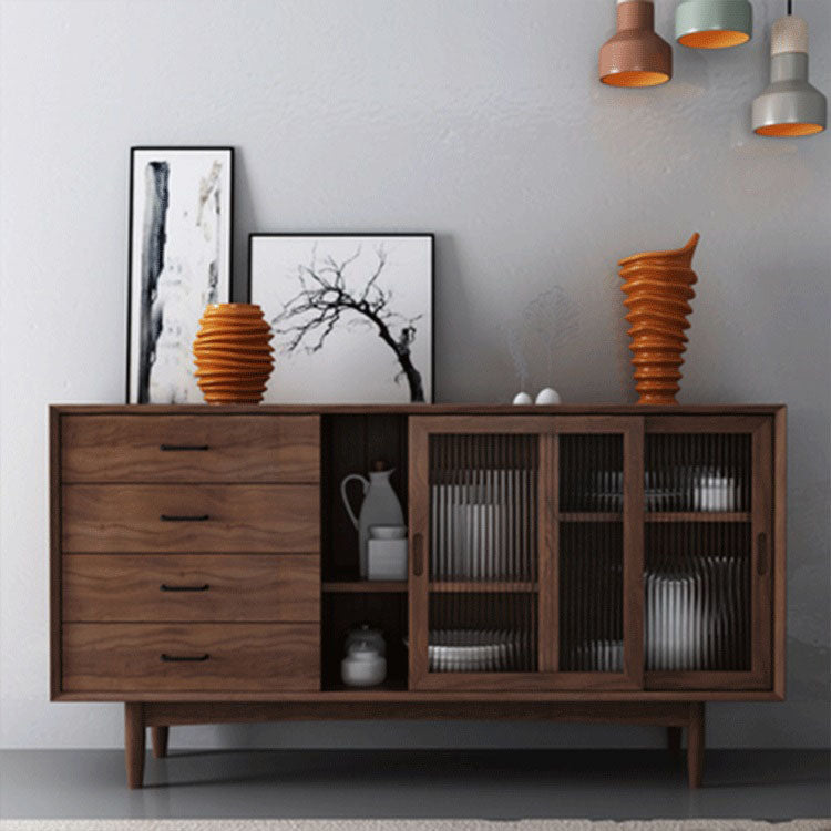 Solid Wood Sideboard with Sliding Doors Modern 4 Drawer Buffet Table