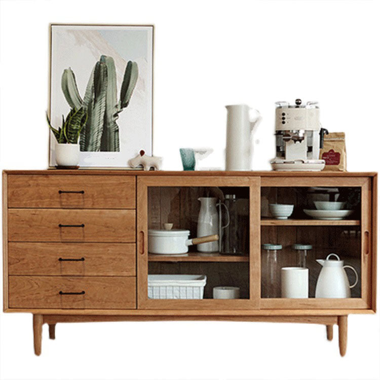 Solid Wood Sideboard with Sliding Doors Modern 4 Drawer Buffet Table