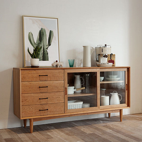 Solid Wood Sideboard with Sliding Doors Modern 4 Drawer Buffet Table