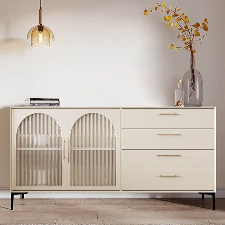 Glass Doors Sideboard Contemporary Stone and Engineered Wood Sideboard in White