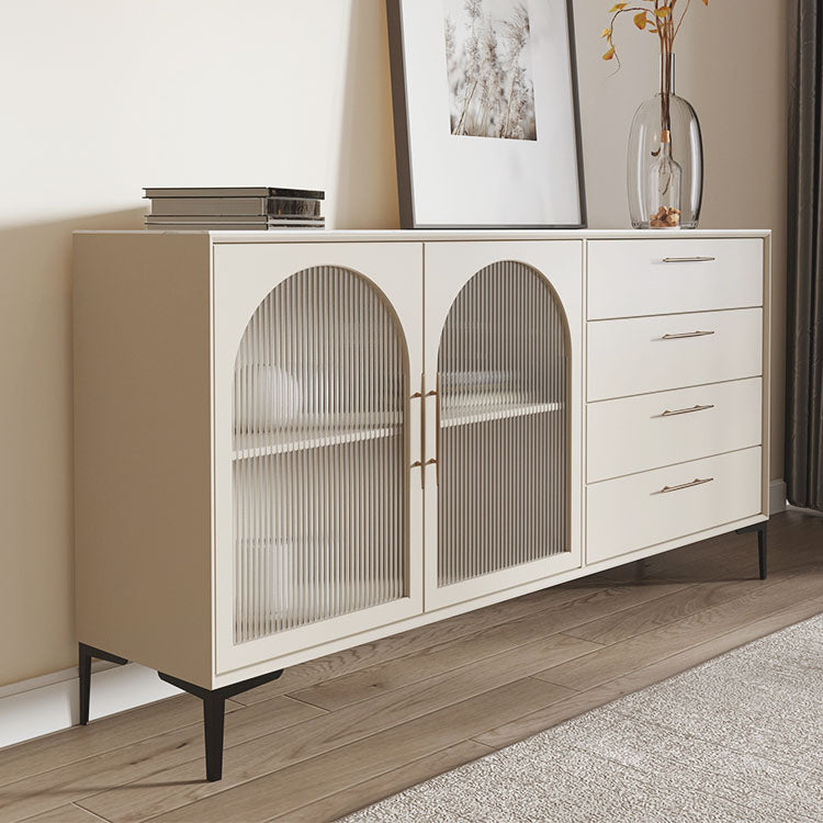 Glass Doors Sideboard Contemporary Stone and Engineered Wood Sideboard in White