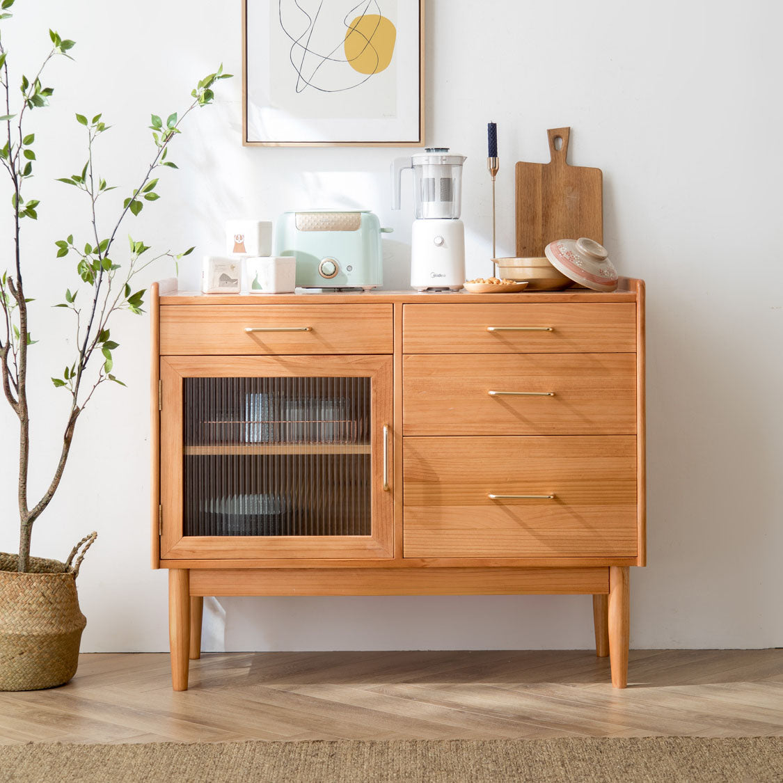 4-Drawer Dining Server Pine Solid Wood Sideboard Buffet for Dining Room