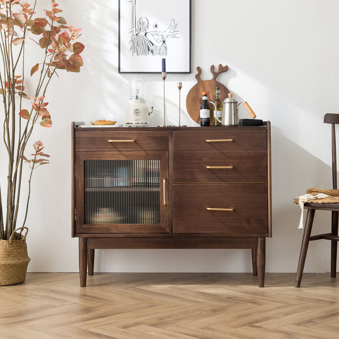 4-Drawer Dining Server Pine Solid Wood Sideboard Buffet for Dining Room