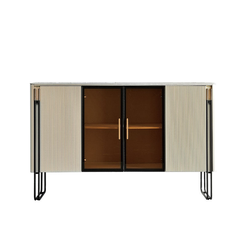 Polished Finish Faux Wood Sideboard with Stone Top Glam Dining Buffet with Cabinets