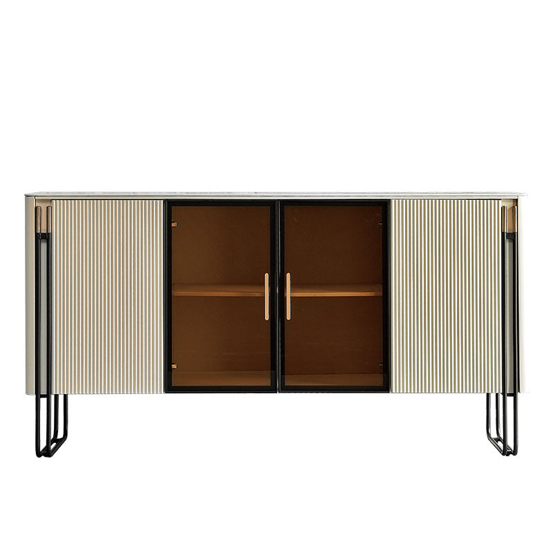 Polished Finish Faux Wood Sideboard with Stone Top Glam Dining Buffet with Cabinets