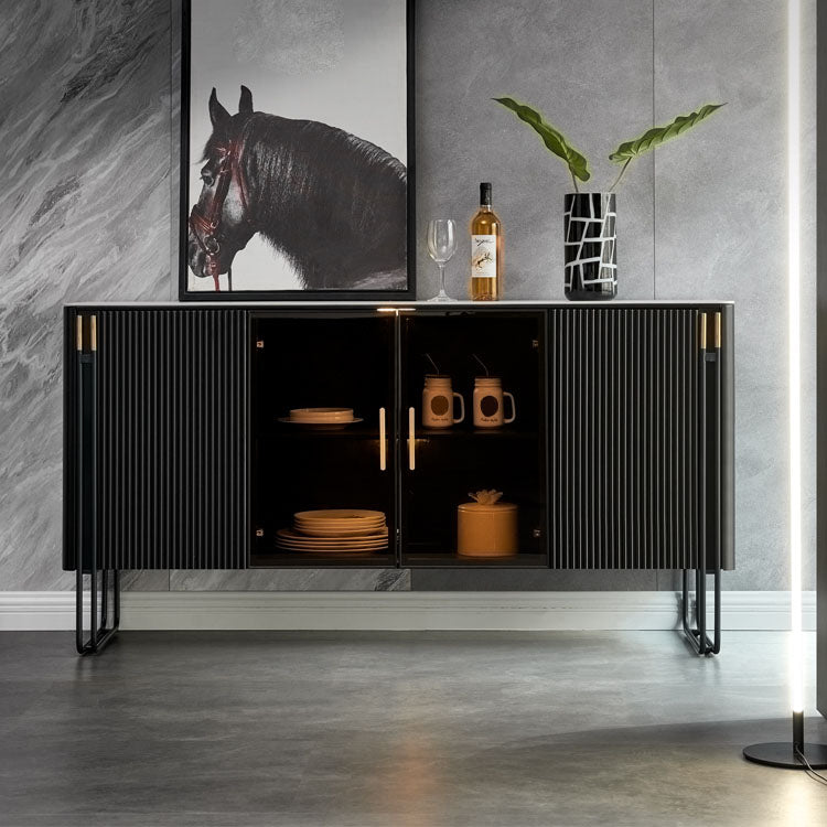 Polished Finish Faux Wood Sideboard with Stone Top Glam Dining Buffet with Cabinets