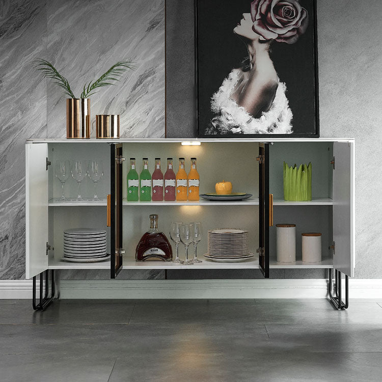 Polished Finish Faux Wood Sideboard with Stone Top Glam Dining Buffet with Cabinets