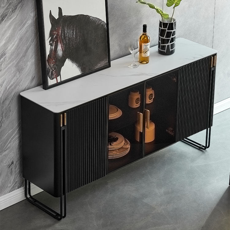 Polished Finish Faux Wood Sideboard with Stone Top Glam Dining Buffet with Cabinets