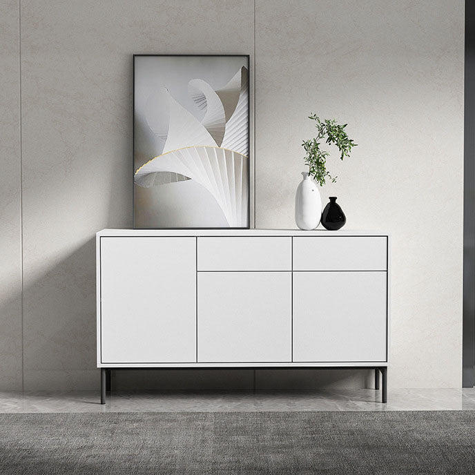 White Engineered Wood Server Contemporary Server with Drawers and Doors