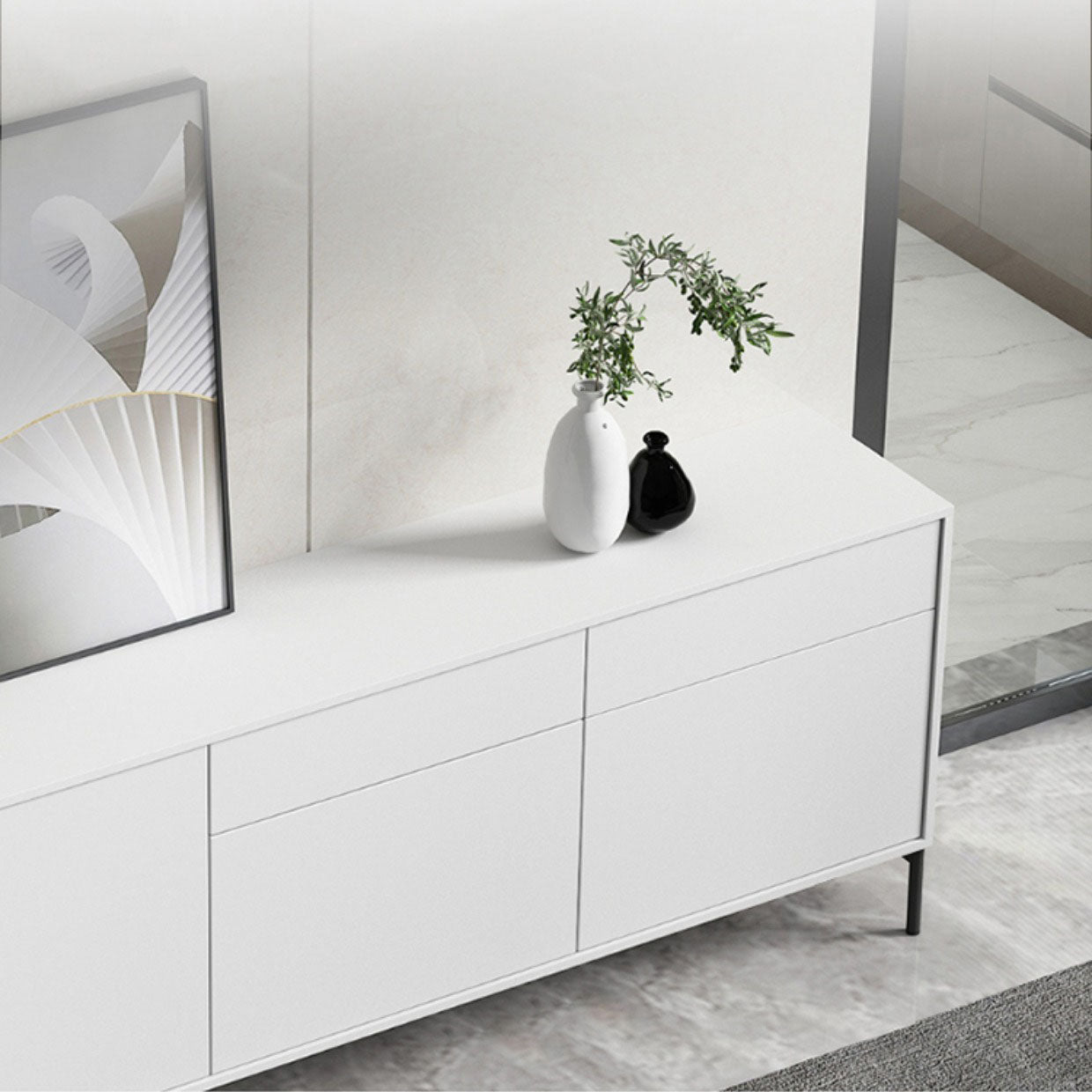 White Engineered Wood Server Contemporary Server with Drawers and Doors