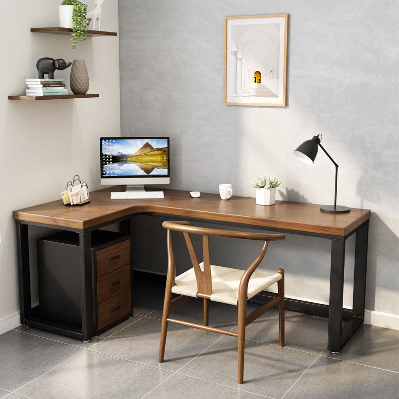 Industrial Brown Writing Desk L-Shape Office Desk with Metal Legs