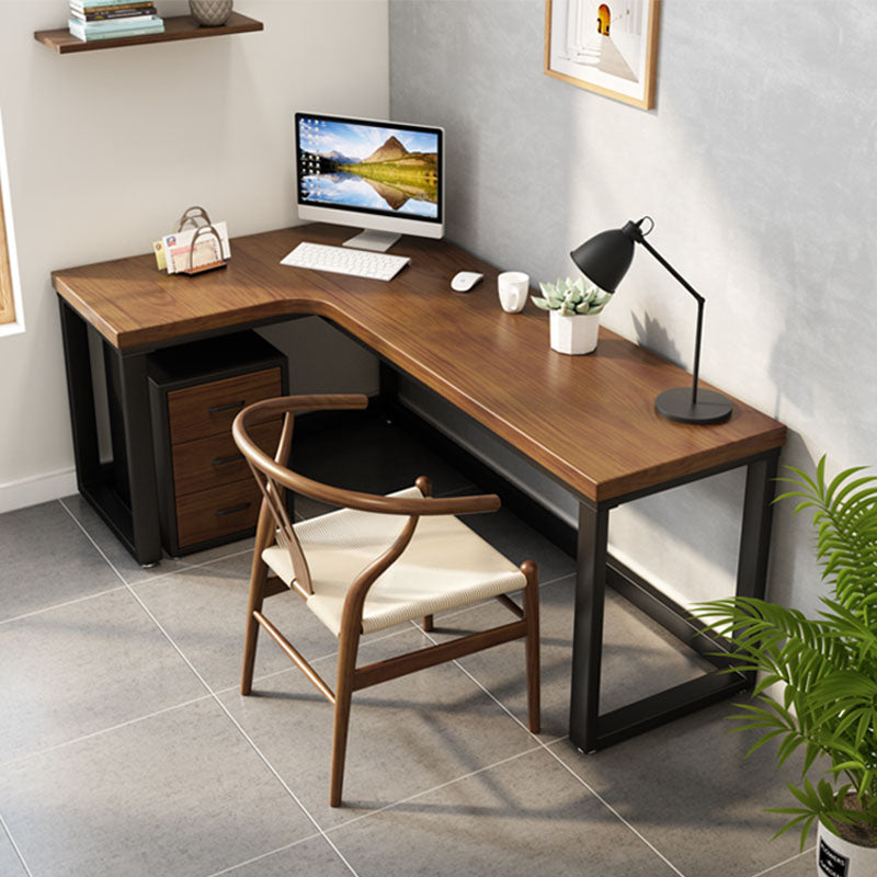 Industrial Brown Writing Desk L-Shape Office Desk with Metal Legs