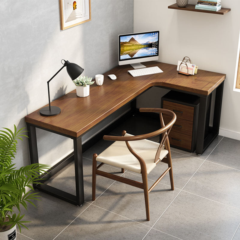 Industrial Brown Writing Desk L-Shape Office Desk with Metal Legs