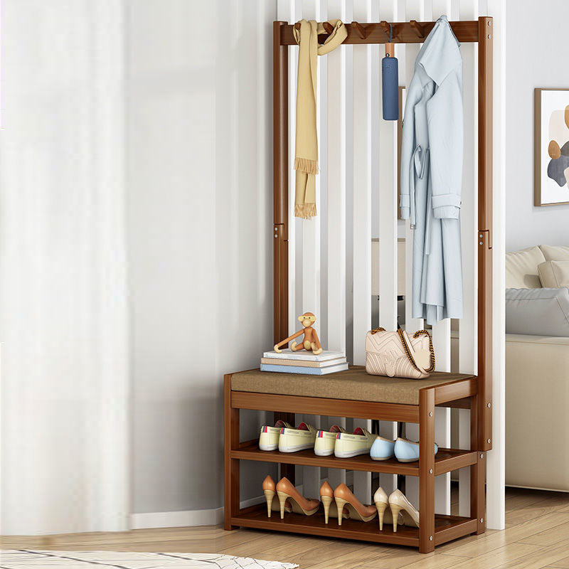 Modern Style Coat Rack Plain Solid Wood Free Standing Coat Hooks Design with Shoes Storage