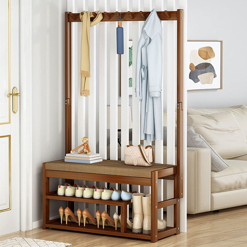 Modern Style Coat Rack Plain Solid Wood Free Standing Coat Hooks Design with Shoes Storage