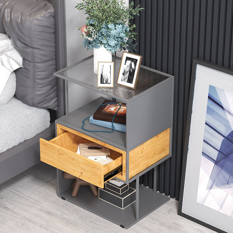 Industrial Lower Shelf Nightstand Glass Bedside Cabinet with Drawer for Bedroom