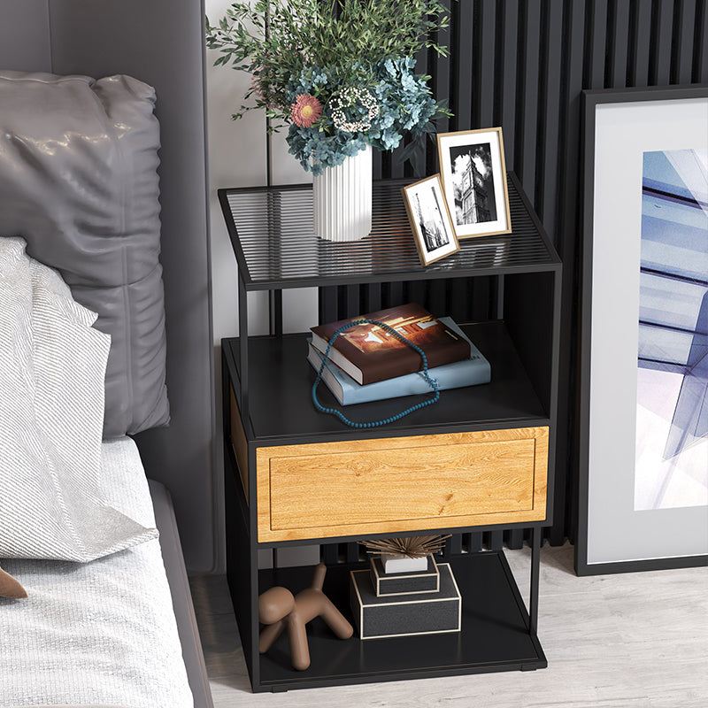 Industrial Lower Shelf Nightstand Glass Bedside Cabinet with Drawer for Bedroom