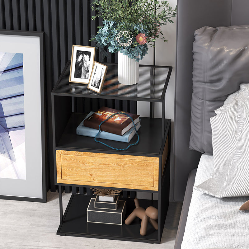 Industrial Lower Shelf Nightstand Glass Bedside Cabinet with Drawer for Bedroom