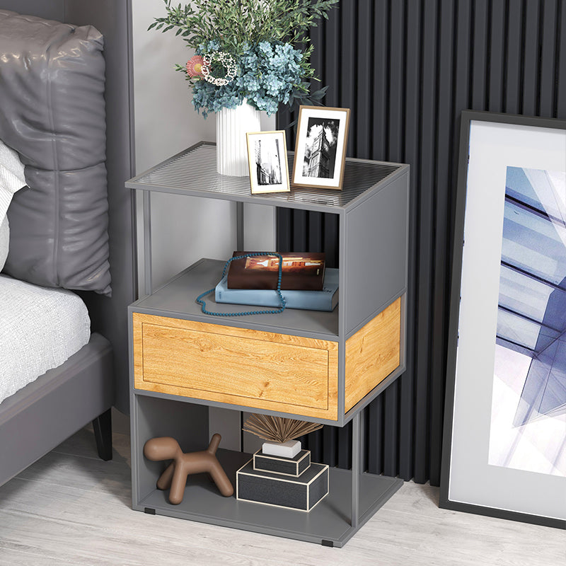 Industrial Lower Shelf Nightstand Glass Bedside Cabinet with Drawer for Bedroom