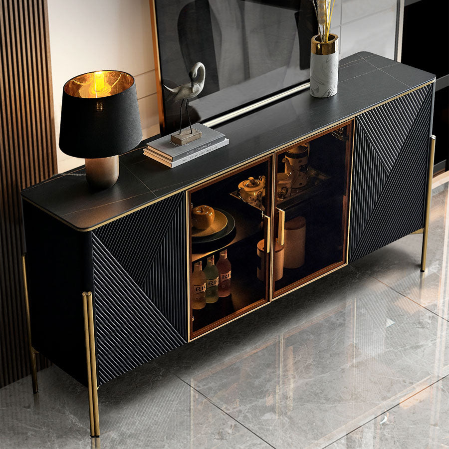 Glam Polished Finish Dining Buffet Stone Top Sideboard with Legs