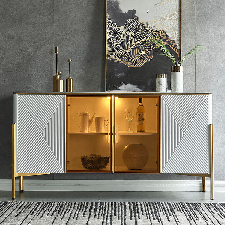 Glam Polished Finish Dining Buffet Stone Top Sideboard with Legs