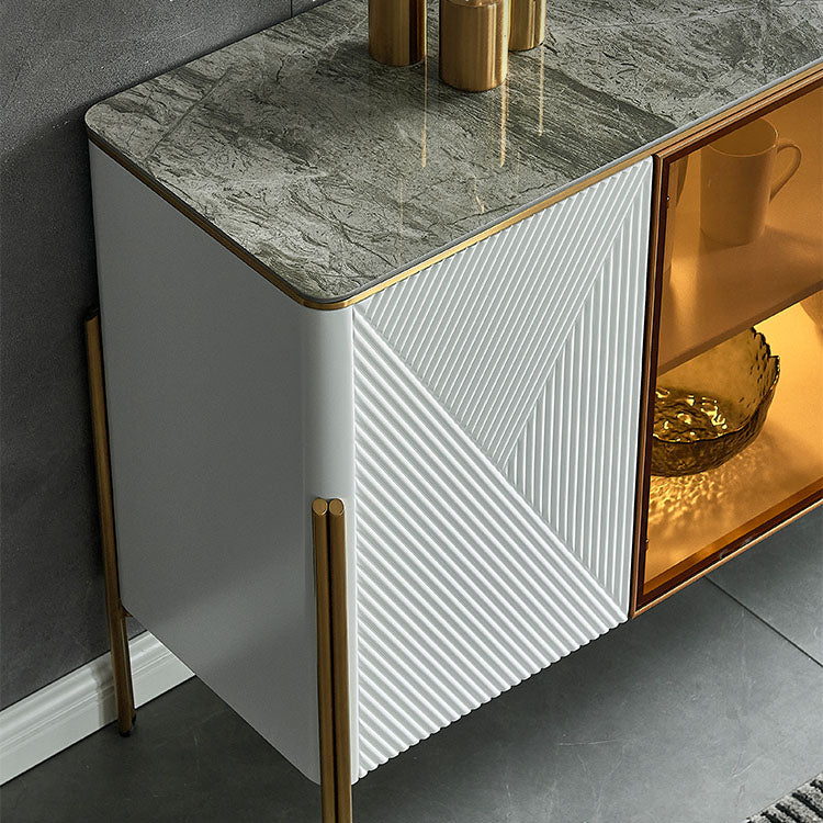 Glam Polished Finish Dining Buffet Stone Top Sideboard with Legs