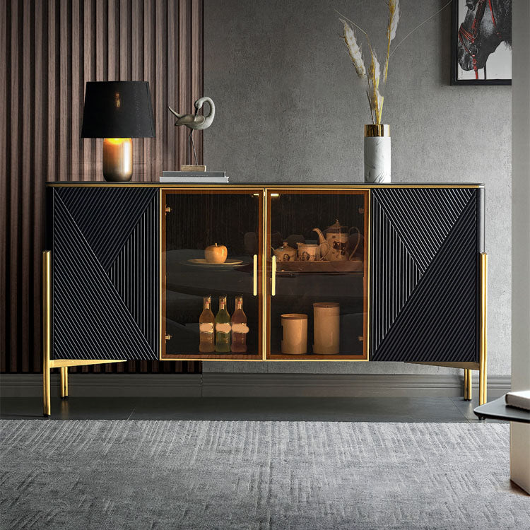 Glam Polished Finish Dining Buffet Stone Top Sideboard with Legs