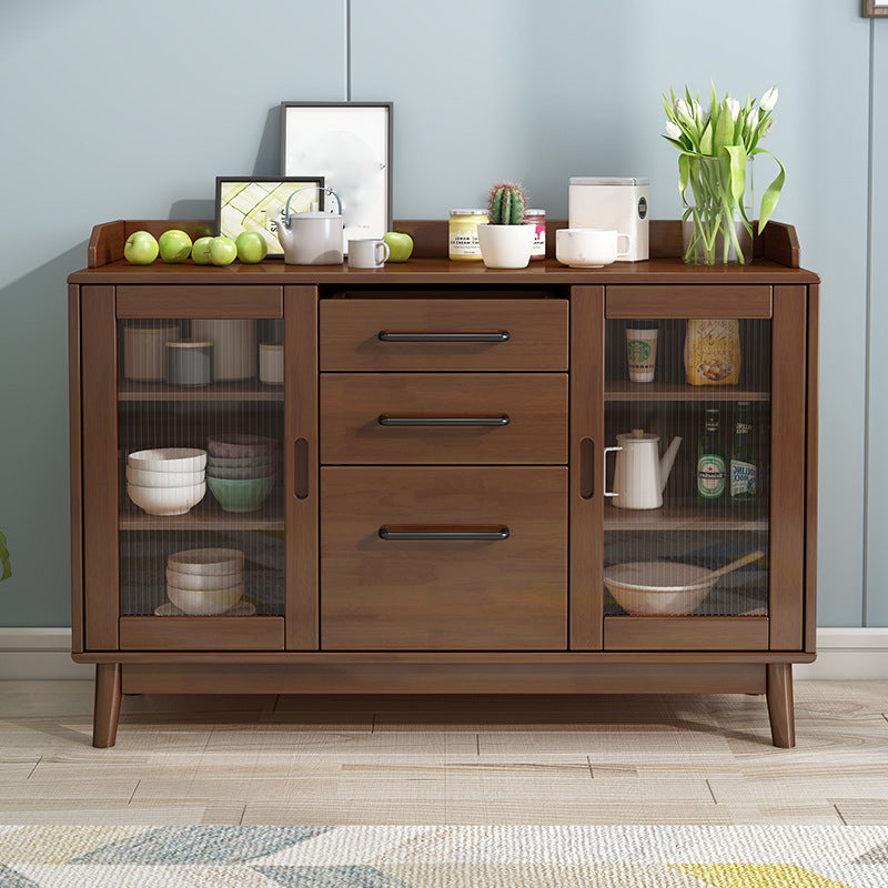 Rubberwood Solid Wood Server with Glass Doors for Dining Room