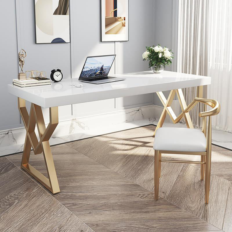 Trestle Glam Office Desk Rectangular White and Gold Writing Desk for Bedroom