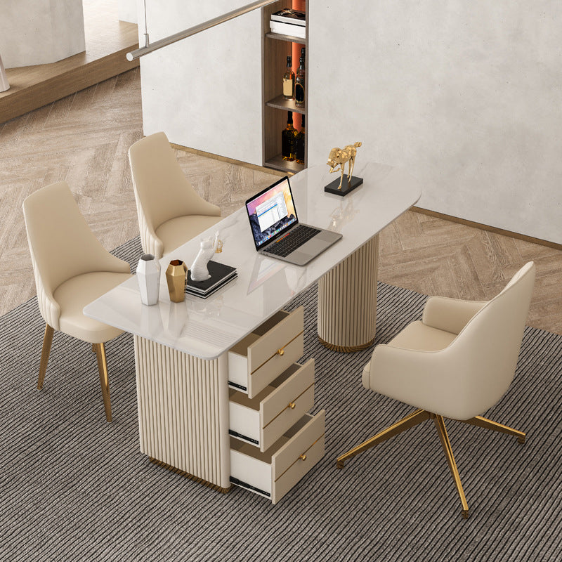 Glam Pedestal Office Desk with 3 Storage Drawers Writing Desk Beige