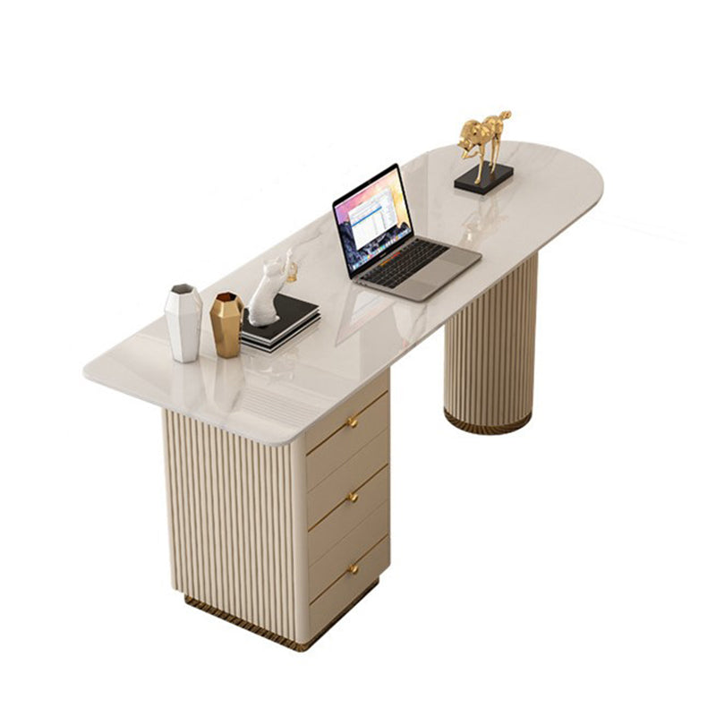 Glam Pedestal Office Desk with 3 Storage Drawers Writing Desk Beige