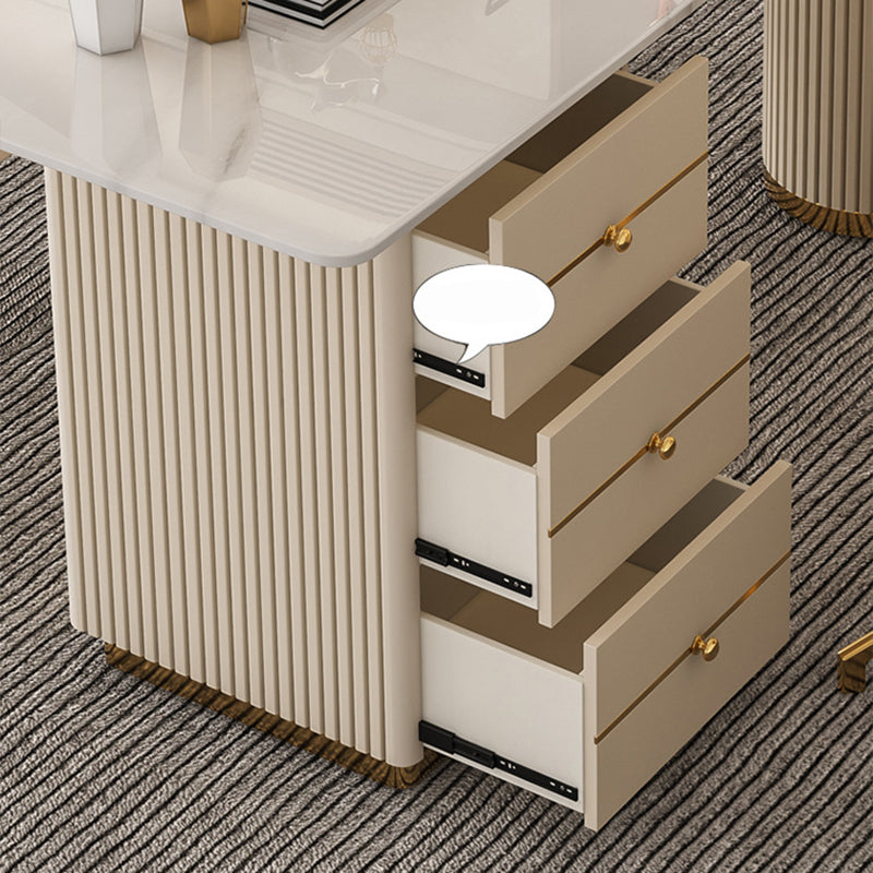 Glam Pedestal Office Desk with 3 Storage Drawers Writing Desk Beige