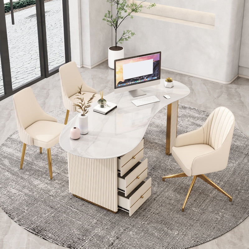 Beige 3 Drawers Writing Desk Glam Stone and Metal Office Desk for Office