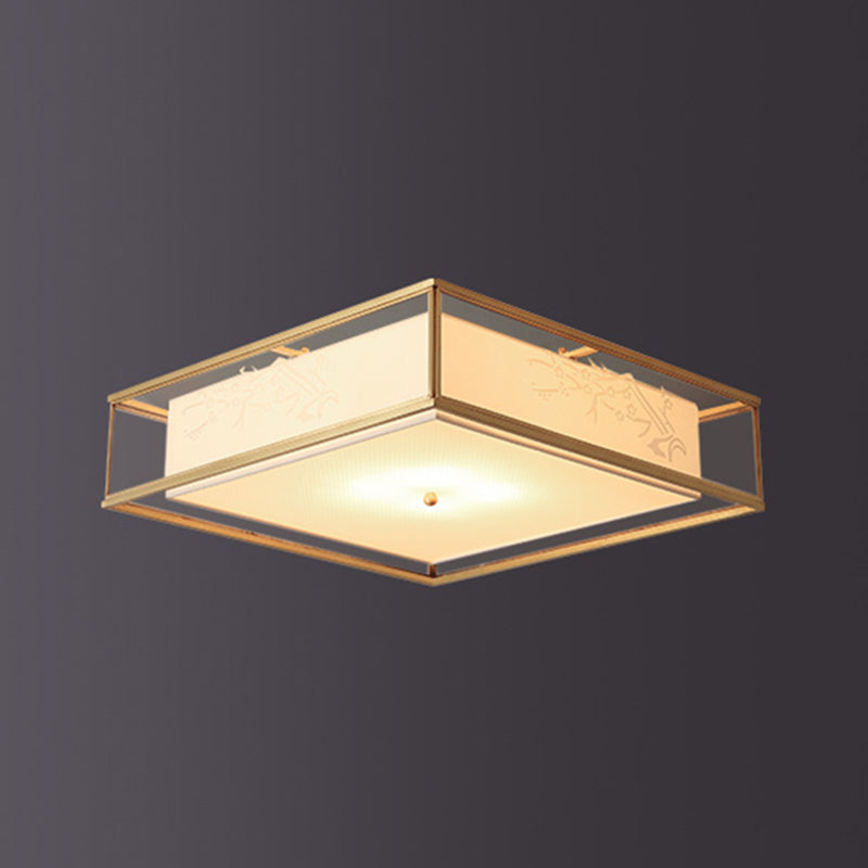 Fabric Square Shape Flush Mount Light Modern 3 Lights Flush Mounted Light Fixture in Gold