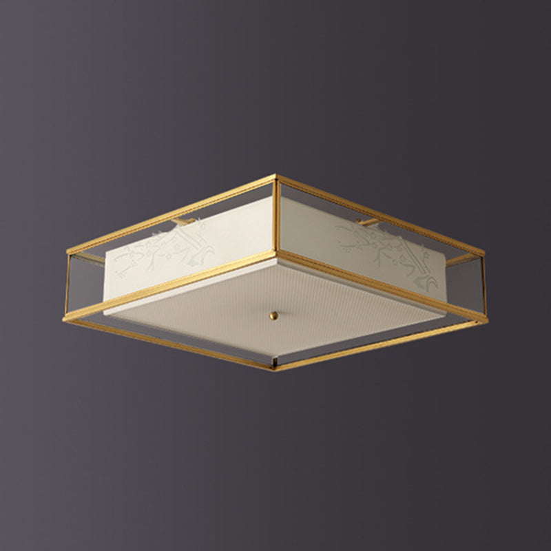 Fabric Square Shape Flush Mount Light Modern 3 Lights Flush Mounted Light Fixture in Gold