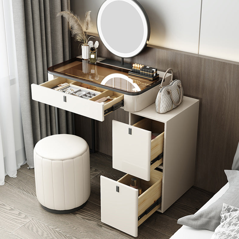 Modern Minimalist White Vanity Table Set 29.53" H Glass Top Vanity Table with Storage