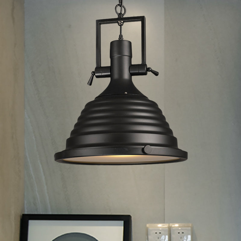 Black 1 Bulb Pendant Light Industrial Style Metallic Ripple Shade Hanging Lamp with Frosted Diffuser, 14"/16" W