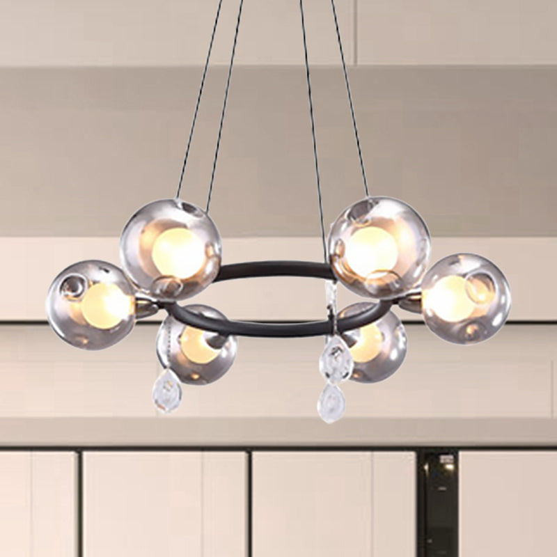 Modernistischer Ball Kronleuchter Anhänger Rauchgemäpste geblasenes Glas 6/8 Lichter LED Hängende Deckenlampe in Schwarz